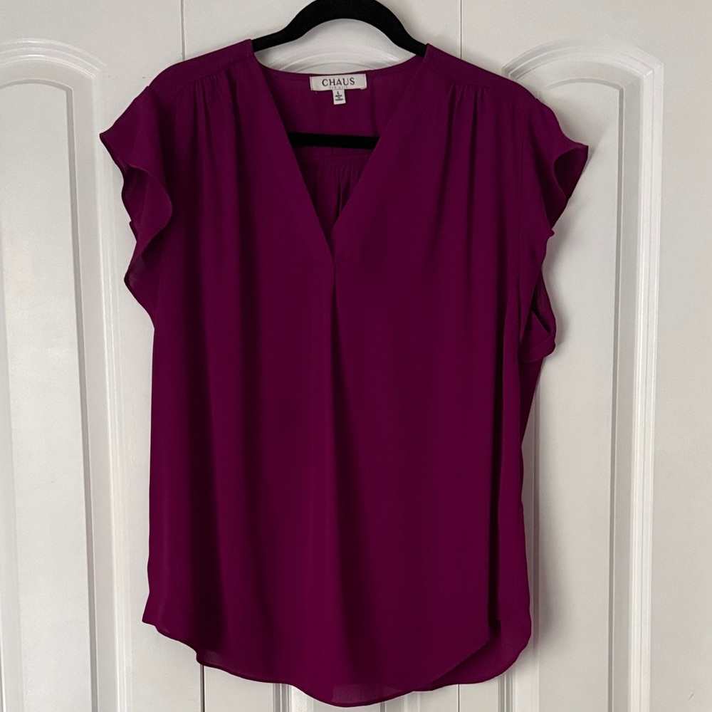 Chaus Women's Deep Fuchsia V-Neck Flutter Sleeve Blouse - Picture 2 of 5